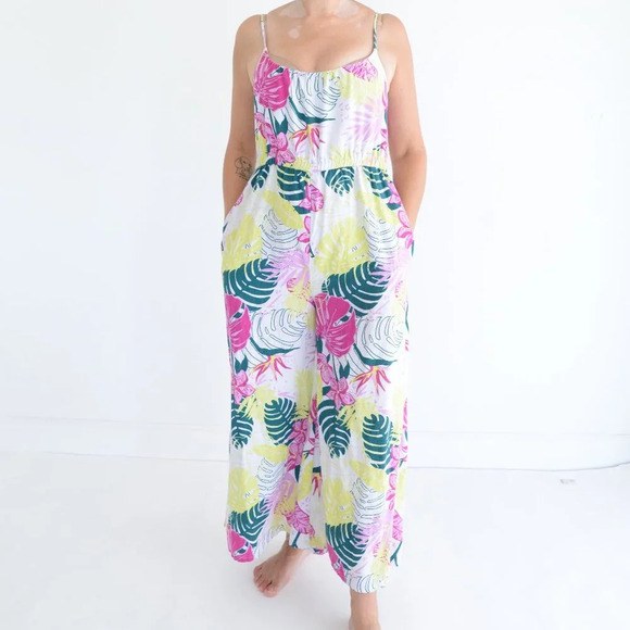 Nicole Miller White Pink Palm Leaf Print 55% Linen Wide Leg Romper M - Picture 2 of 11